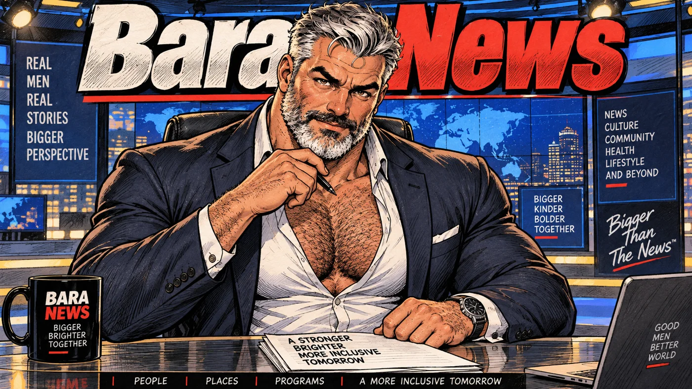 Bara News: a hunky silver fox anchor at the news desk